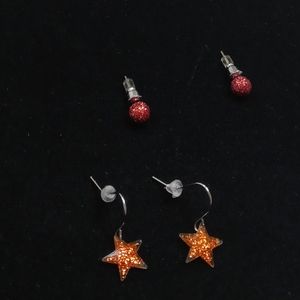 Red Glittery Stars and Studs Earrings Set